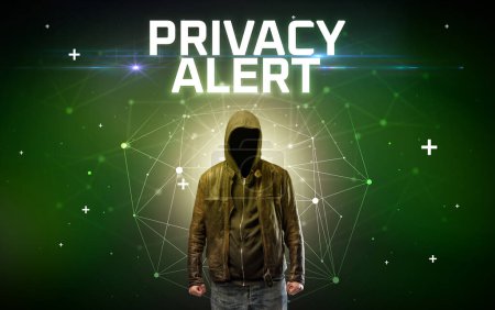 Photo for Mysterious hacker with PRIVACY ALERT inscription, online attack concept inscription, online security concept - Royalty Free Image