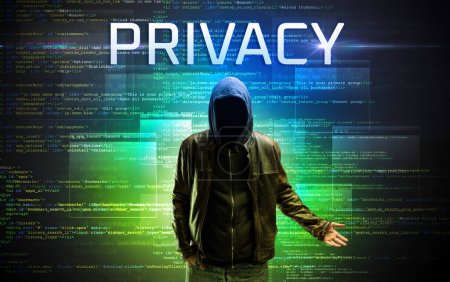 Téléchargez les photos : Hacker sans visage avec inscription PRIVÉE sur un fond de code binaire - en image libre de droit