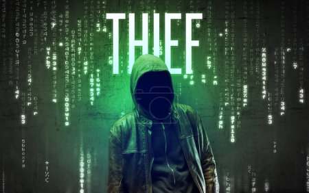 Téléchargez les photos : Hacker sans visage avec inscription THIEF, concept de piratage - en image libre de droit