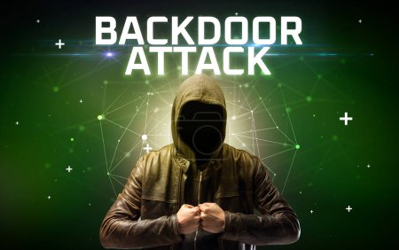 Téléchargez les photos : Mystérieux pirate informatique avec inscription BACKDOOR ATTACK, inscription de concept d'attaque en ligne, concept de sécurité en ligne - en image libre de droit