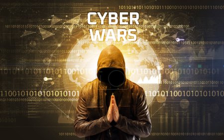 Téléchargez les photos : Hacker sans visage au travail avec inscription CYBER WARS, concept de sécurité informatique - en image libre de droit