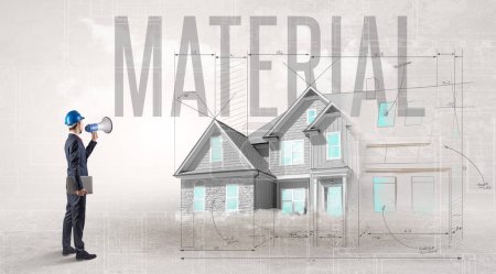 Foto de Joven ingeniero sosteniendo plano con inscripción MATERIAL, concepto de planificación de la casa - Imagen libre de derechos