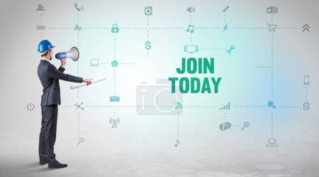 Engineer working on a new social media platform with JOIN TODAY inscription concept