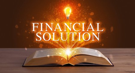 FINANCIAL SOLUTION inscription coming out from an open book, educational concept