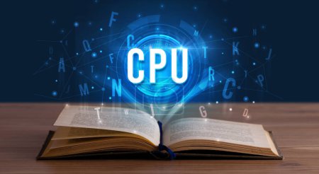 Foto de Inscripción de CPU proveniente de un libro abierto, concepto de tecnología digital - Imagen libre de derechos