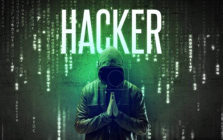 Hacker sans visage avec inscription HACKER, concept de hacking