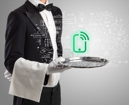 Photo for Close-up of waiter serving smartphone icons, social media concept - Royalty Free Image