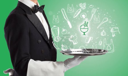 Photo for Waiter holding silver tray with ice cream icons coming out of it, health food concept - Royalty Free Image