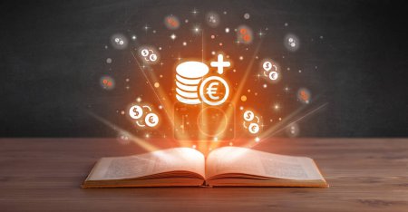 Open book with euro funds icons above, currency exchange concept