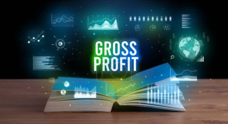 GROSS PROFIT inscription coming out from an open book, creative business concept