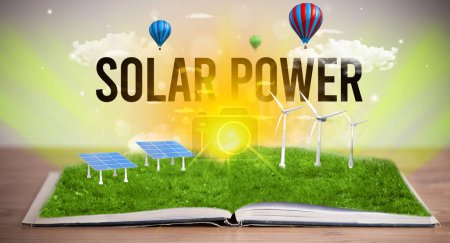 Téléchargez les photos : Livre ouvert avec inscription SOLAR POWER, concept d'énergie renouvelable - en image libre de droit