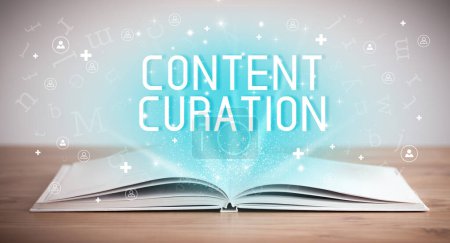 Open book with CONTENT CURATION inscription, social media concept