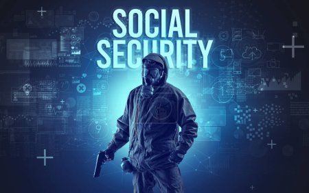Faceless man with SOCIAL SECURITY inscription, online security concept