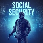 Faceless man with SOCIAL SECURITY inscription, online security concept