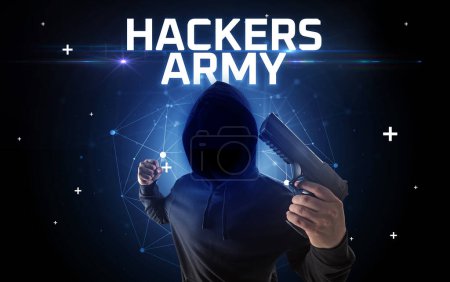 Photo for Mysterious hacker with HACKERS ARMY inscription, online attack concept inscription, online security concept - Royalty Free Image