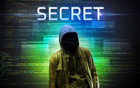 Photo for Faceless hacker with SECRET inscription on a binary code background - Royalty Free Image