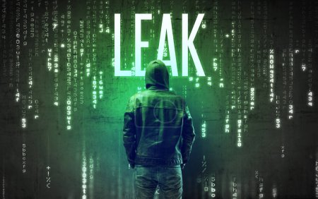 Téléchargez les photos : Hacker sans visage avec inscription LEAK, concept de piratage - en image libre de droit
