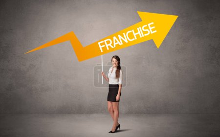 Photo for Young business person in casual holding road sign with FRANCHISE inscription, business direction concept - Royalty Free Image
