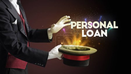 Photo for Illusionist is showing magic trick with PERSONAL LOAN inscription, new business model concept - Royalty Free Image