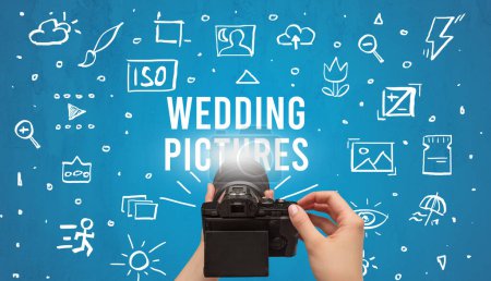 Handfotos mit Digitalkamera und Hochzeitsfotos Beschriftung, Konzept der Kameraeinstellungen