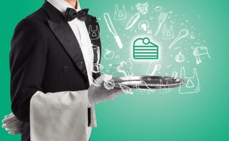 Photo for Waiter holding silver tray with slice of cake icons coming out of it, health food concept - Royalty Free Image