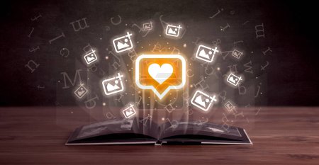 Photo for Open book with speech bubble with a heart icons above, social networking concept - Royalty Free Image