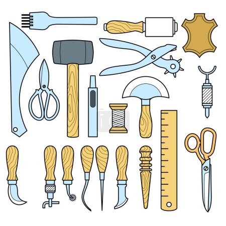 Illustration for Leather craft working tools set, shoemaker tools for handicraft, vector - Royalty Free Image
