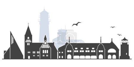 Illustration for Cityscape of island Sylt with landmarks, silhouette of german sea resort, Westerland outline, vector - Royalty Free Image