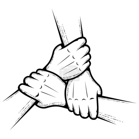 Drei Hände, die einander halten, Hand anlegen, Teamwork und Freundschaftskonzept, Vektor