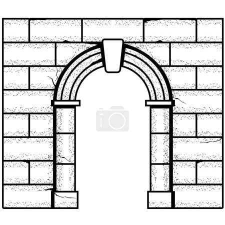 Téléchargez les illustrations : Ancienne arche en pierre romaine et mur de briques, entrée médiévale avec arche en pierre antique, passe de conte de fées du château, vecteur - en licence libre de droit