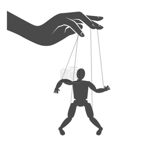 Ilustración de La mano maestra del títere manipula un títere colgado de cuerdas, titiritero, hombre controlado por la mujer, secuaz, vector - Imagen libre de derechos