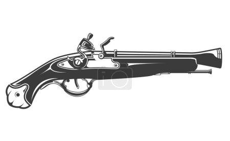 Illustration for Old pirate firelock musket, ornate vintage pistol, old muzzle-loading shoulder gun, vector - Royalty Free Image