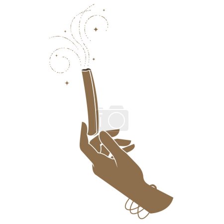 Illustration for Smoldering aromatic stick in hand, smoking stick of sacred tree palo santo exuding fragrance, incense for meditation and spiritual practices, vector - Royalty Free Image