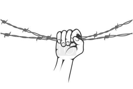 Illustration for Hand stretching barbed wire, imprisonment, fist with barblock, prisoner, encumbrance or debt concept , vector - Royalty Free Image