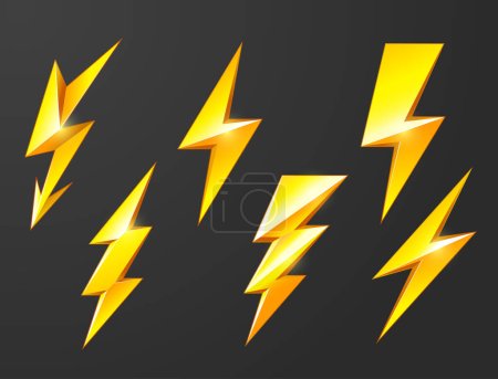 Ilustración de Conjunto de relámpagos, rayos e iconos de cortocircuito, descarga eléctrica y rayos, vector - Imagen libre de derechos