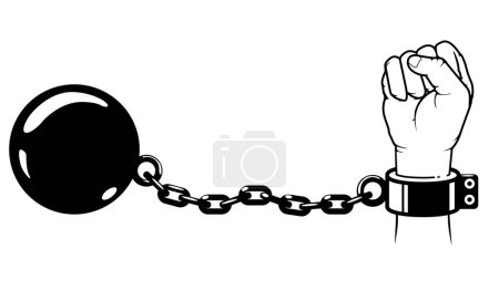 Ilustración de Grilletes, mano con cadena y bola de metal de peso, grillete de prisionero en la muñeca, esclavitud, gravamen o concepto de deuda, vector - Imagen libre de derechos