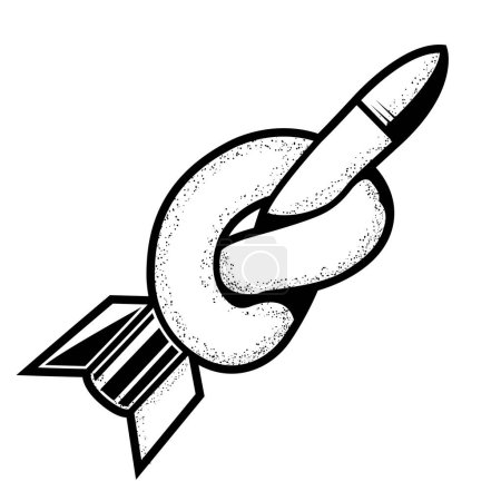 Ilustración de Cohete militar con nudo, misil apriete en soga, detener la guerra, bomba apriete como nudo, vector - Imagen libre de derechos