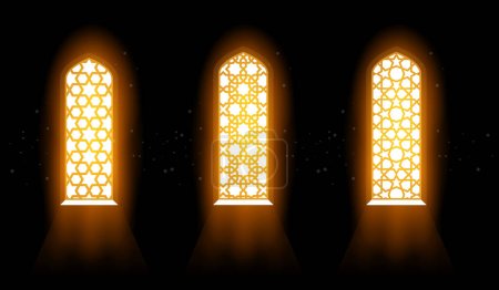 Ilustración de La luz de bendición fluye a través de la ventana de la mezquita, el resplandor a través de vidrieras con patrón de rejilla árabe, vector - Imagen libre de derechos