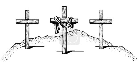 Téléchargez les illustrations : Trois croix avec tissu sur le Golgotha, colline de la crucifixion à Jersey, mont biblique Calvaire, résurrection, vecteur - en licence libre de droit