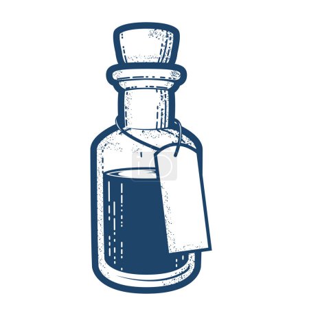 Illustration for Vintage bottle with poison or medicine, liquid drug mixture with corck and tag, flask for mixture or essential oils, vector - Royalty Free Image