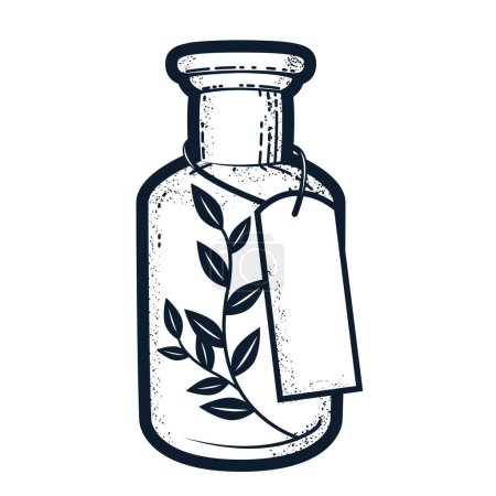 Illustration for Flask with flower elixir, vial with twig and tag, old potion bottle, drug, vector - Royalty Free Image