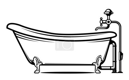 Illustration for Vintage bathtub on legs with open pipes and tap, elegant old bathroom equipment, vector - Royalty Free Image