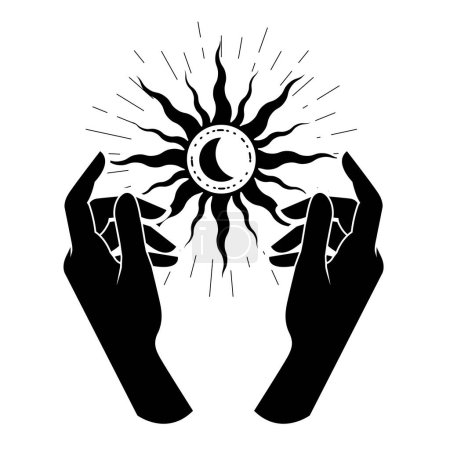 Illustration for Witch hands hold sun, black star with moon, occultism and esoteric practice,  mystical spells and witchcraft, vector - Royalty Free Image