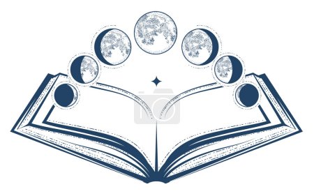Téléchargez les illustrations : Open magic dream book and lunar phases, phase of the moon, astrology and  horoscope knowledge, oneiromancy, sorcery and prediction, vector - en licence libre de droit