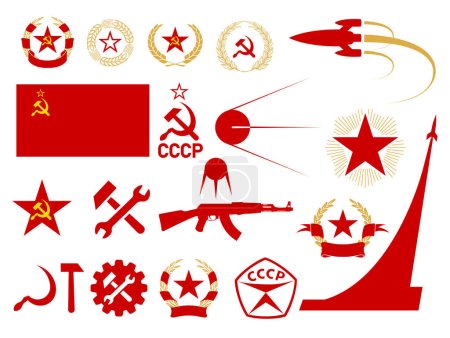 Illustration for USSR symbolix, communism and socialism icons set, soviet emblems, star, hammer and sickle, USSR flag and star, wreath of wheat and laurel wreath, spacephip and satellite, vector - Royalty Free Image
