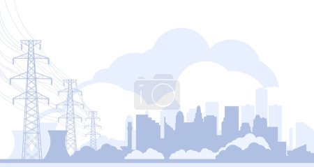 Ilustración de Electric towers and city skyline, high voltage power line pylons, town power supply, vector - Imagen libre de derechos