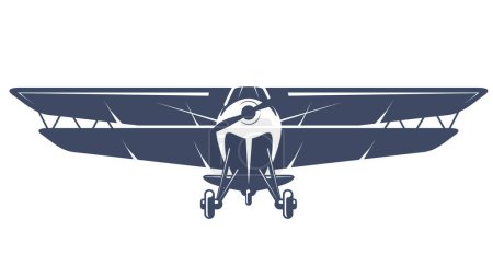 Illustration for Light aviation emblem with biplane, vintage airplane wit double wing,  propeller aircraft front view logo, vector - Royalty Free Image