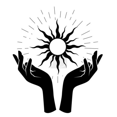 Woman hands hold black sun, occultism and mysticism, spells and witchcraft, star, vector 