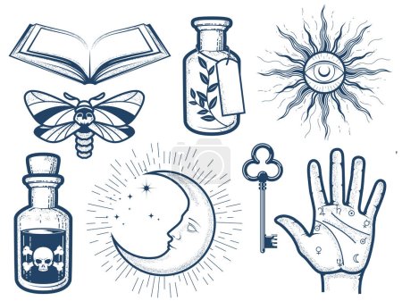 Illustration for Witchcraft stuff, alchemy and fortune-telling, witch poison, spell book, moth and  crescent, vector - Royalty Free Image