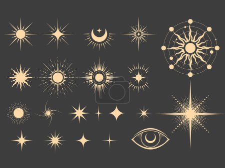Illustration for Set of mystical star icons, magic moon and astrology stars in tarot style, christmas decoration, vector - Royalty Free Image